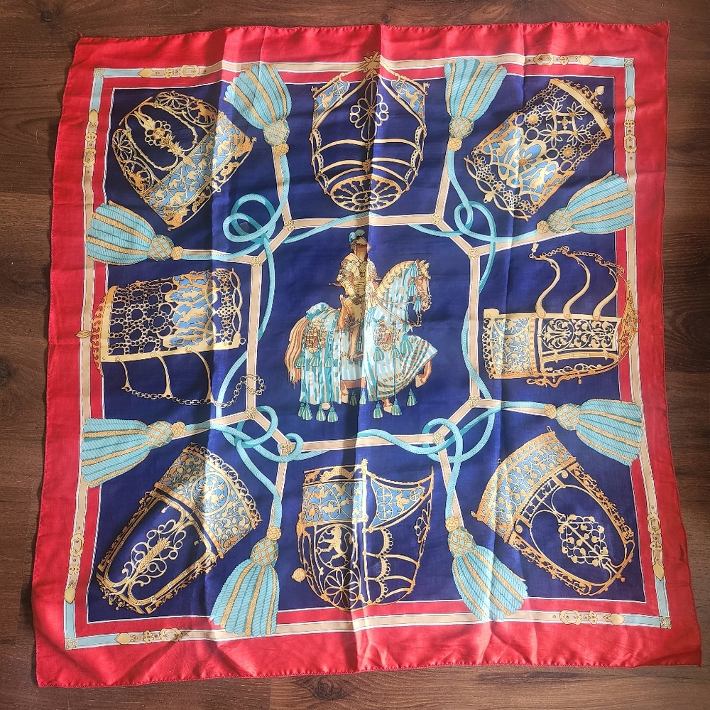 Vintage Silk Scarf with Red and Blue Motif